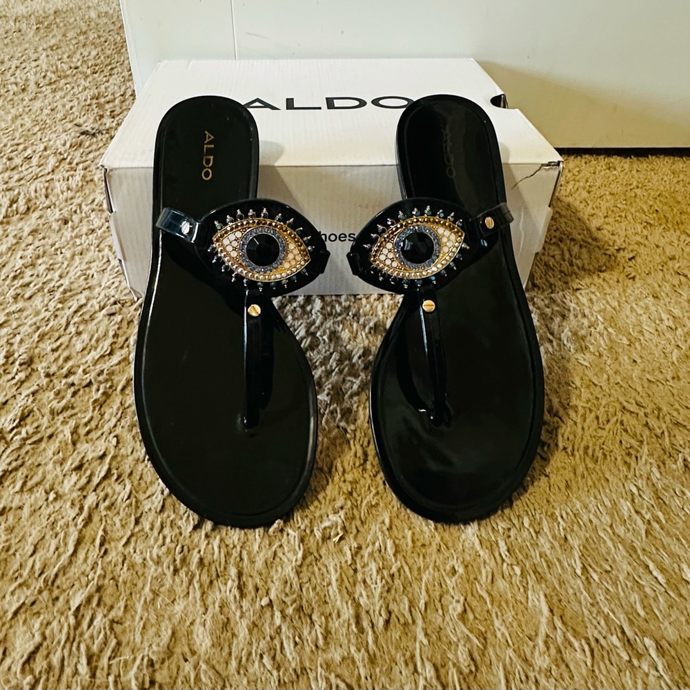 Aldo Black Sandals with Eye Embellishment